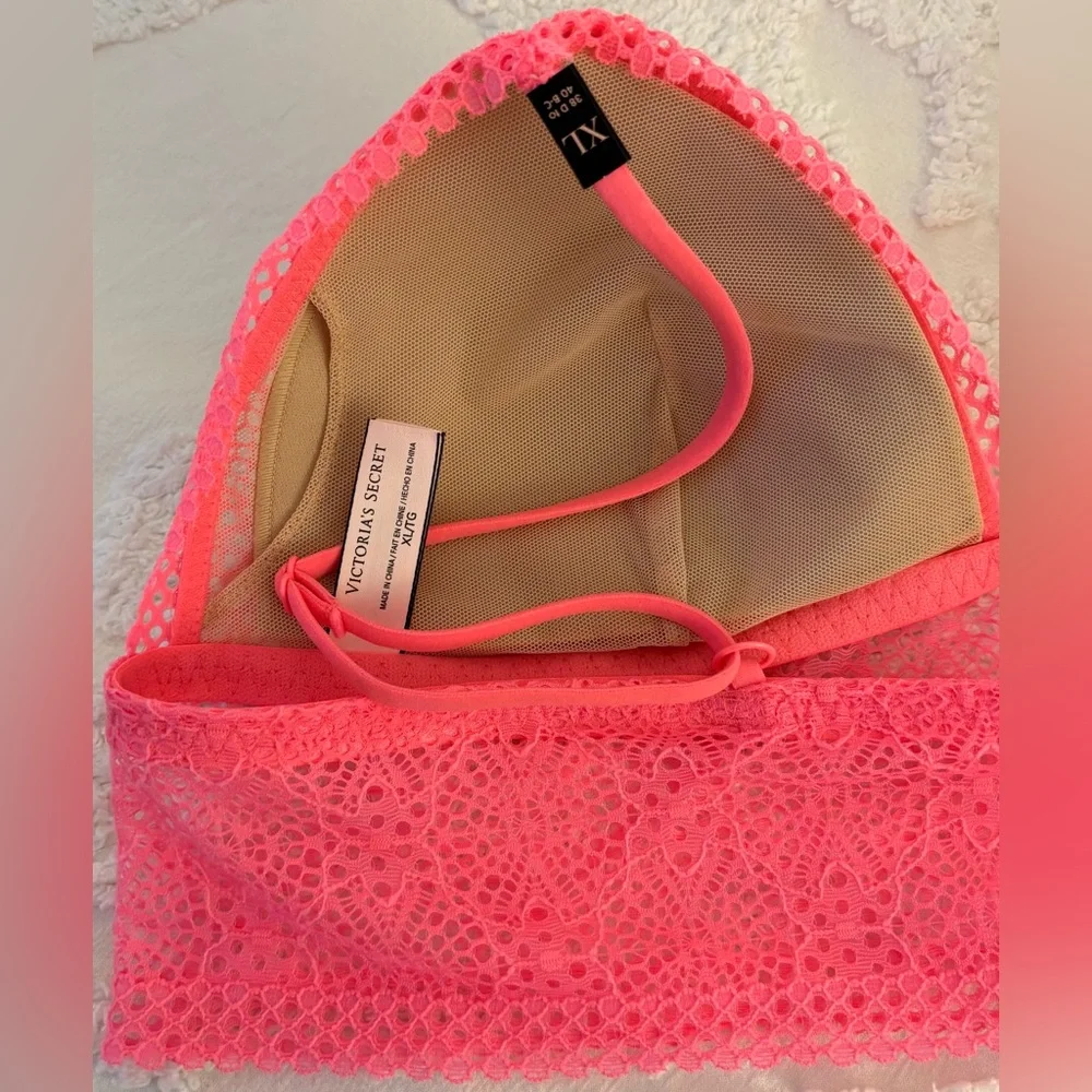 Victoria's Secret XL (38D to 40B-C) Bra Longline Bralette Coral Neon Pink Lace
